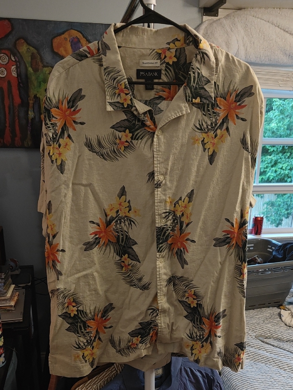 Jos. A. Bank Cream Short-Sleeve Floral Button-Down Shirt with Orange Flowers